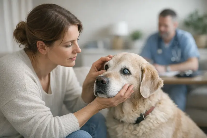 Ein Hund mit Anzeichen von Linsentrübung wird von einem Tierarzt untersucht.