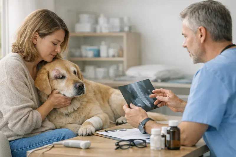 Tierärztliche Untersuchung vor Operation Tierärztin untersucht Hund vor einer Operation zur Überprüfung der Gesundheit.