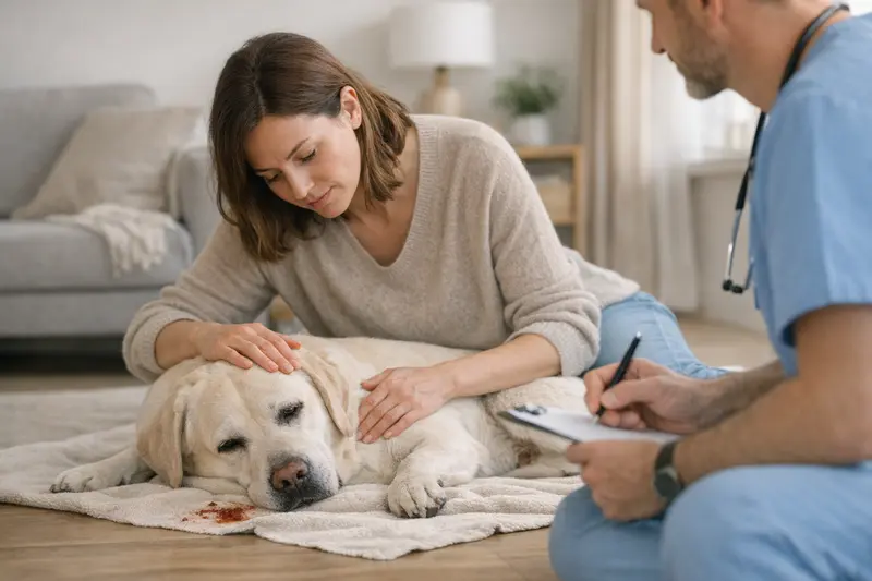 Erbrechen beim Hund - Was tun? Ein Hund mit Bauchschmerzen liegt auf dem Boden und sieht unwohl aus.