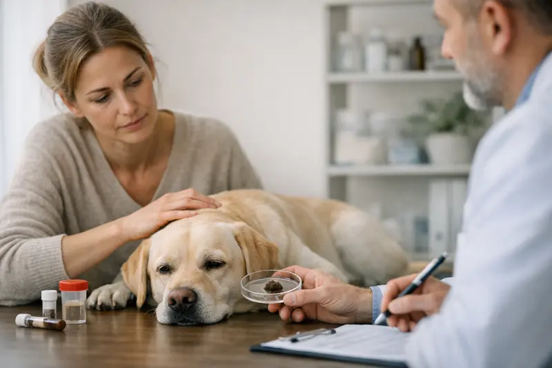 Ein Hund bekommt eine tierärztliche Untersuchung aufgrund von wiederkehrendem Durchfall.