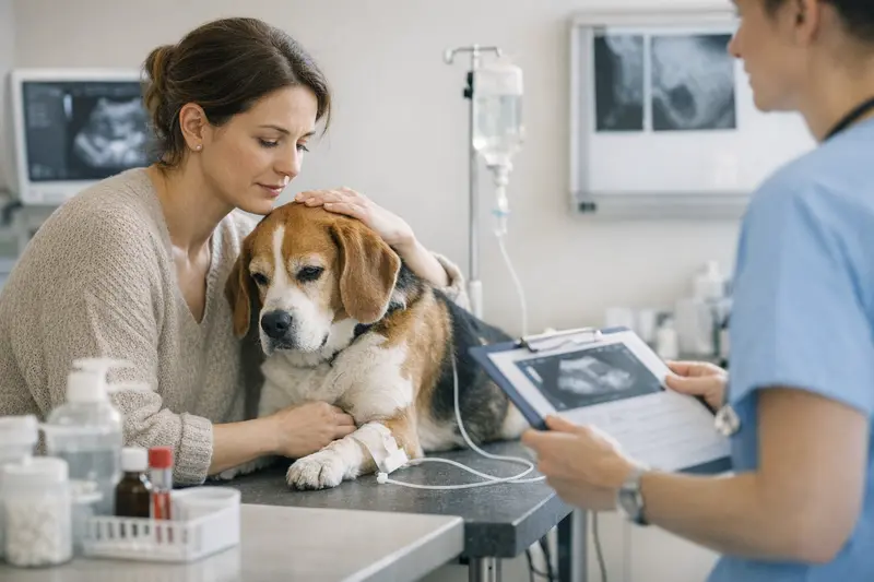 Tierarzt untersucht Hund mit Magen-Darm-Beschwerden während einer Behandlung.