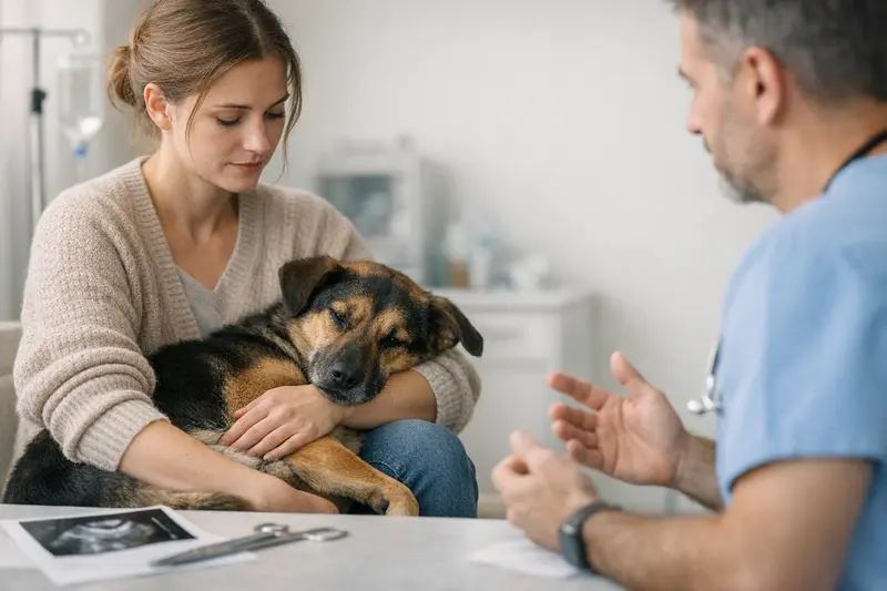 Ein Hund beim Tierarzt zur Untersuchung von Magen-Darm-Beschwerden.