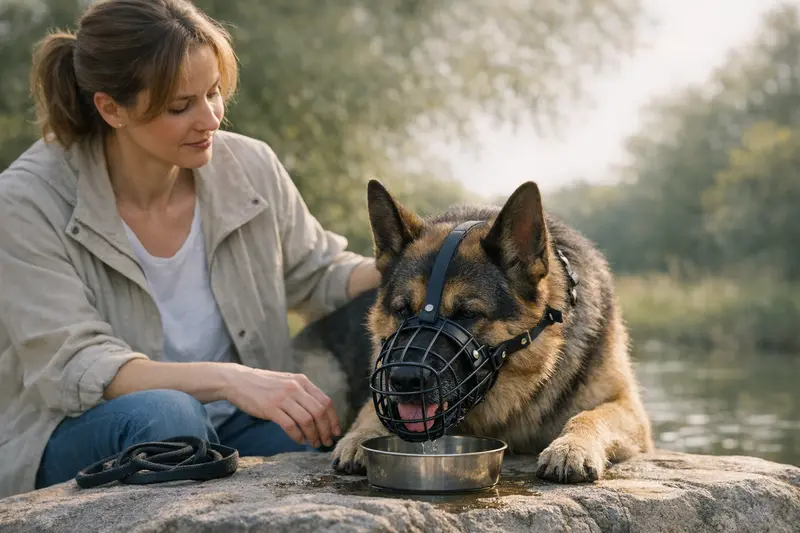 Hund mit Beißgitter-Maulkorb im Alltag Ein Hund mit Beißgitter-Maulkorb zeigt, wie er bequem hecheln und trinken kann.