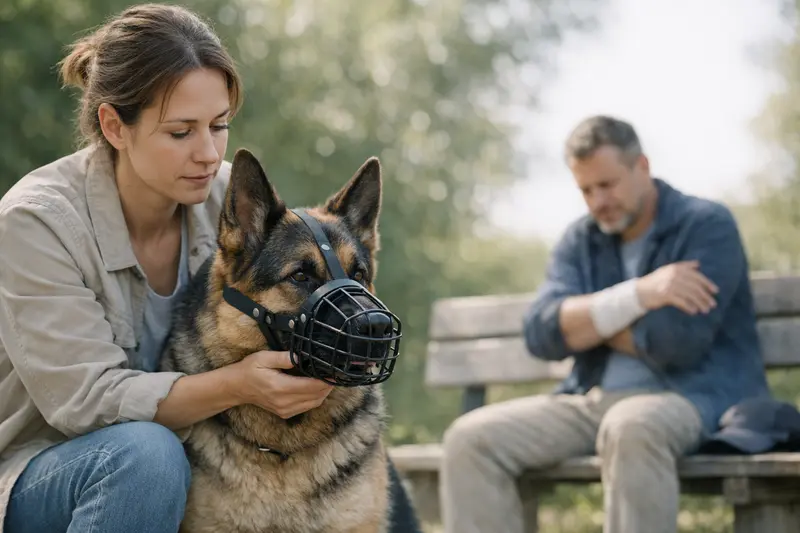 Ein Hund mit Maulkorb bei einem Spaziergang im Park, der an der Leine gehalten wird.