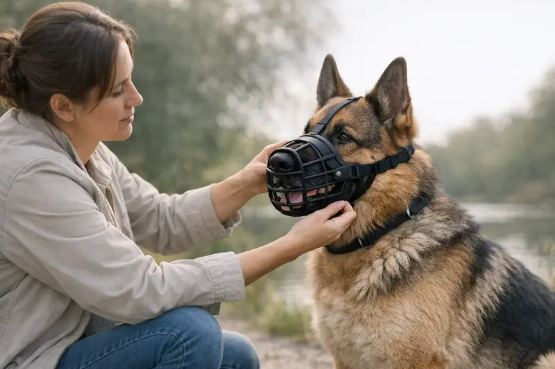 Hund mit passendem Maulkorb Ein Hund mit einem korrekt sitzenden Maulkorb, der ihm ausreichend Platz zum Hecheln lässt.