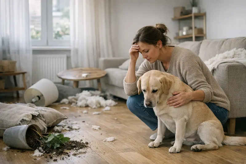 Hundspieler in einer Wohnung mit zerbrochenem Möbelstück