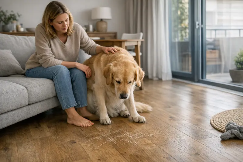 Hund und Mietsachschaden Ein Hund spielt auf einem Holzfußboden, während Kratzer sichtbar werden.