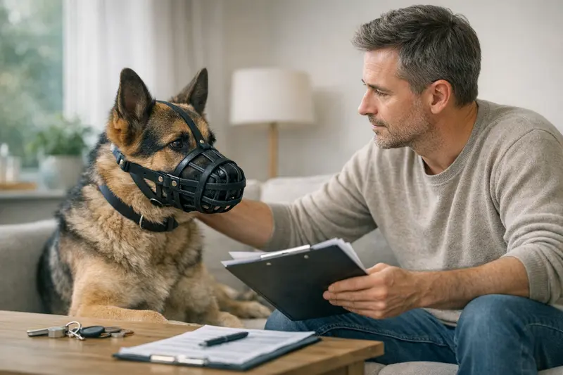 Hundehaftpflicht Tarifvergleich Hundehalter vergleicht verschiedene Hundehaftpflicht-Tarife am Laptop.