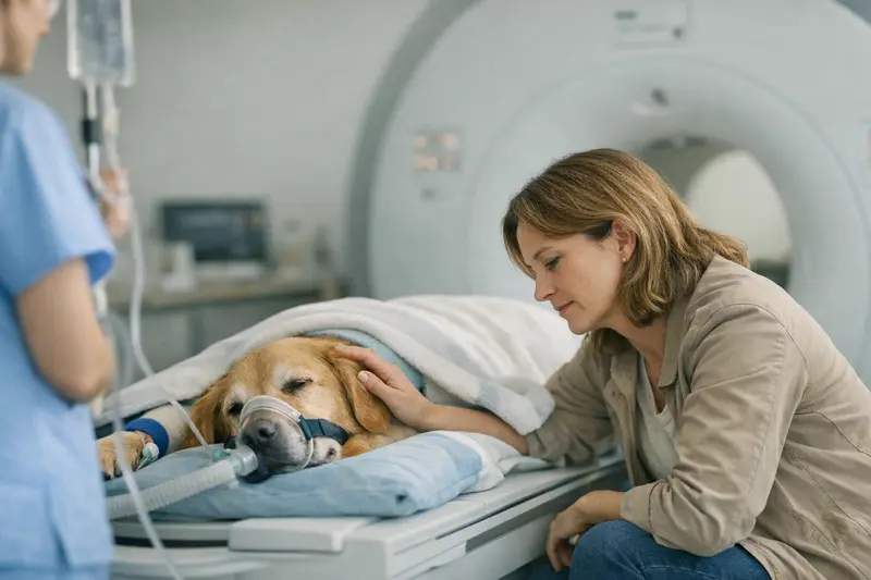MRT-Kosten beim Hund beim Tierarzt Ein Hund beim Tierarzt, der für ein MRT vorbereitet wird.