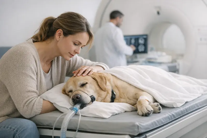 Ein Hund liegt entspannt in einer Tierarztpraxis während einer MRT-Untersuchung.