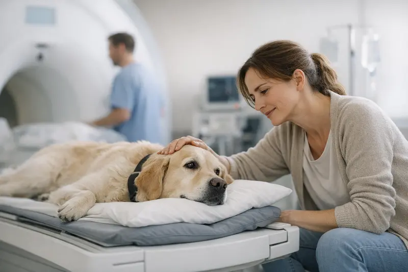 Tarifvergleich Hundekrankenversicherung Eine Hundebesitzerin vergleicht verschiedene Tierkrankenversicherungen für ihren Hund.
