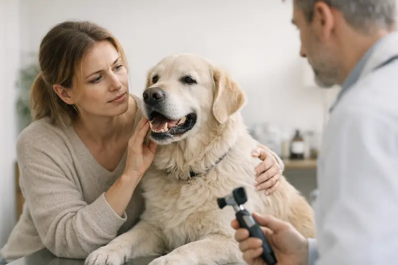 Hund mit Mundgeruch im Garten Ein Hund mit Mundgeruch steht auf dem Rasen, während sein Besitzer besorgt schaut.