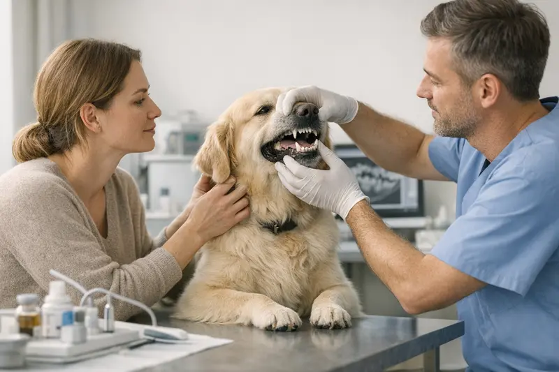 Ein Hund beim Tierarzt zur Zahnuntersuchung, der zeigt, wie wichtig die Zahnmedizin für die Gesundheit von Tieren ist.