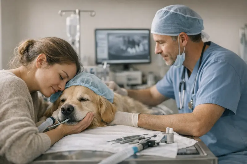 Ein Hundebesitzer mit seinem Hund beim Tierarzt zur zahnärztlichen Untersuchung unter Narkose.