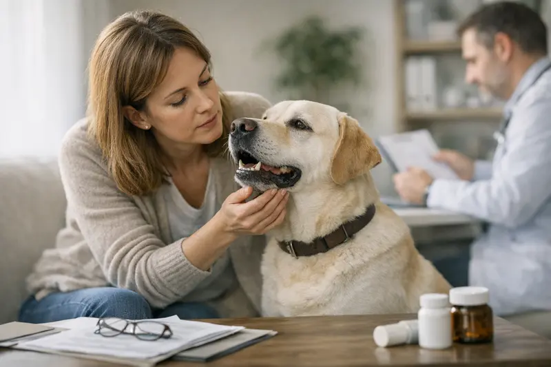 Hund beim Tierarzt mit Mundgeruch Ein Hund mit Mundgeruch sitzt besorgt beim Tierarzt, während die Halterin besorgt schaut.