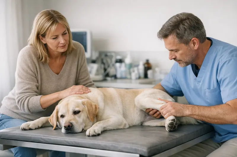 Ein Hund beim Tierarzt, der wegen Bewegungsproblemen untersucht wird.