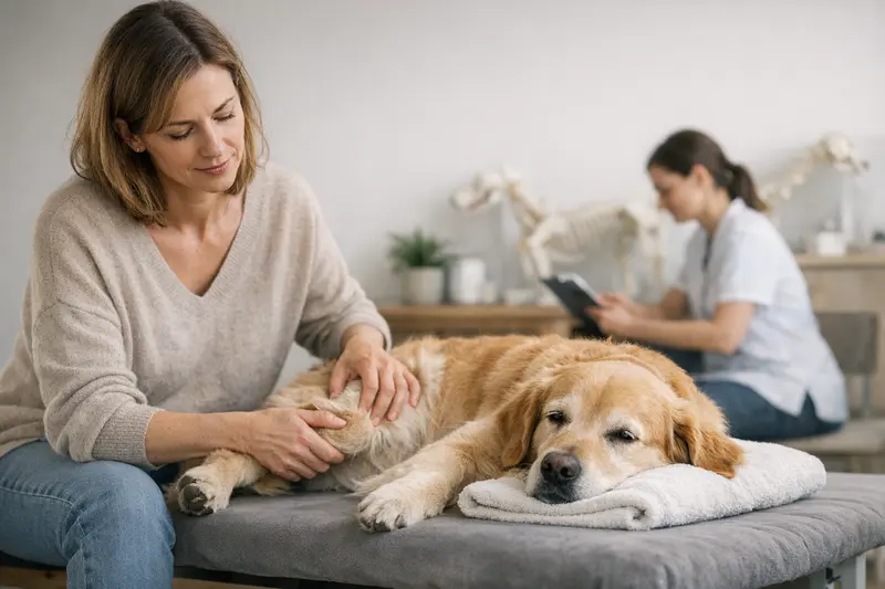 Hund mit Physiotherapie Physiotherapie für einen Hund zur Behandlung von Muskelschmerzen.