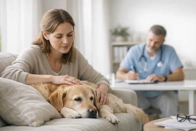 Hundehalterin beim Tierarzt, die über Wartezeiten und Vorerkrankungen ihrer Hundes informiert wird.