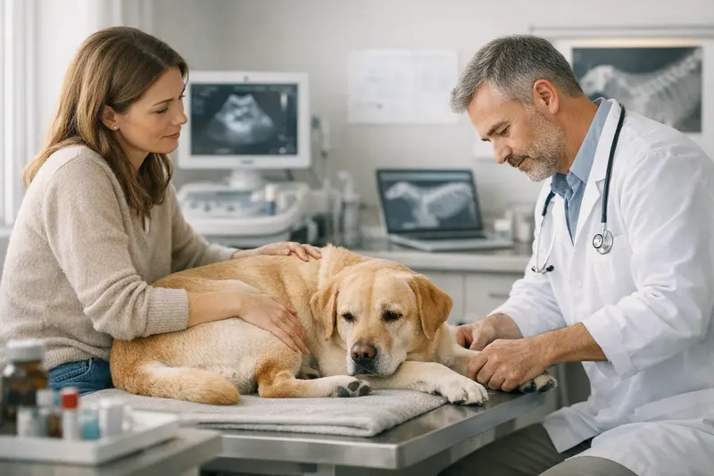 Tierärztliche Untersuchung bei Hundemuskelschmerzen Ein Hund erhält eine tierärztliche Untersuchung aufgrund von Muskelschmerzen.