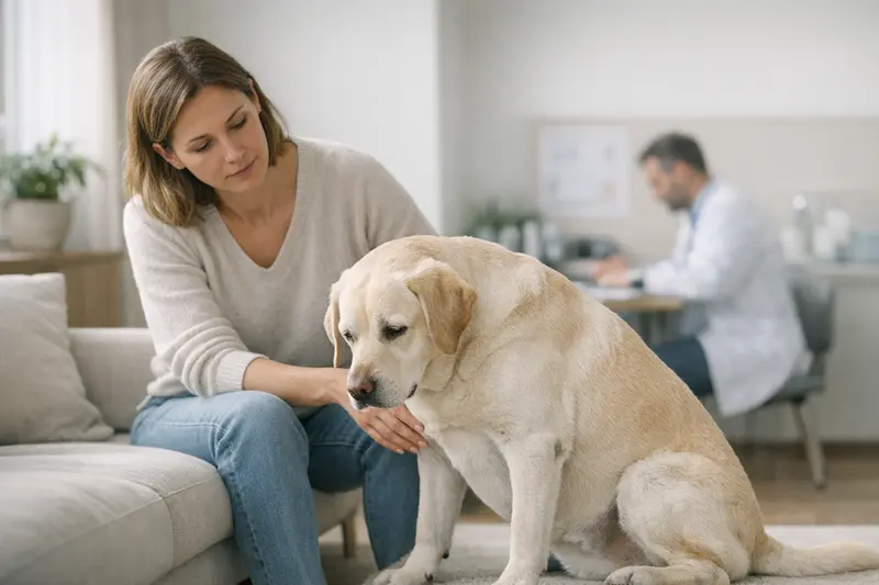 Ein Hund zeigt eine verspannt wirkende Körperhaltung und benötigt tierärztliche Abklärung.