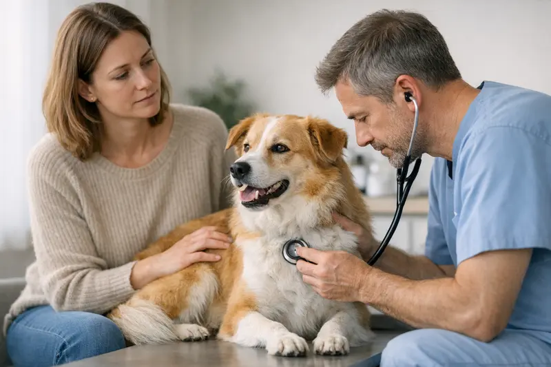 Hund Tierarzt Untersuchung Husten Ein Hund beim Tierarzt, der auf Husten untersucht wird.