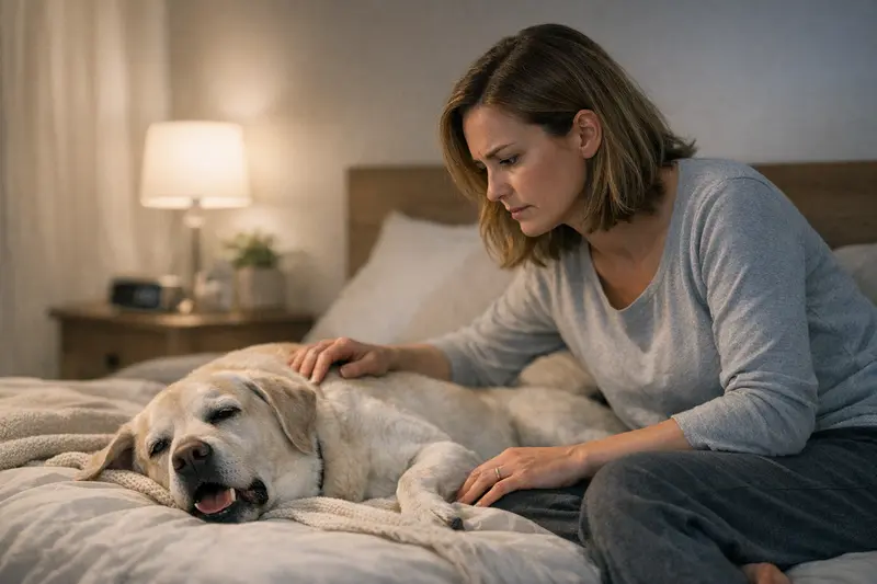 Hund beim Tierarzt wegen nächtlichem Husten Ein Hund liegt gesundheitlich angeschlagen auf einem Tierarzt-Tisch und erhält Untersuchung.