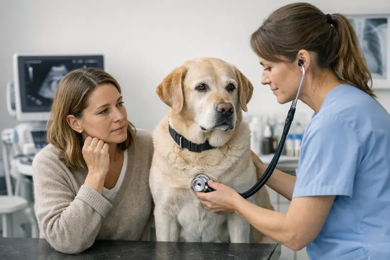 Tierarztkosten Hund bei Husten Untersuchung Ein Hund sitzt beim Tierarzt und erhält eine Untersuchung auf Husten.