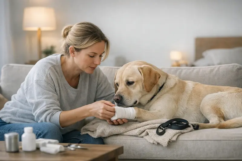 Hund Tierarzt Nachtverletzung Ein Hund mit Verband nach einer nächtlichen Verletzung beim Tierarzt.