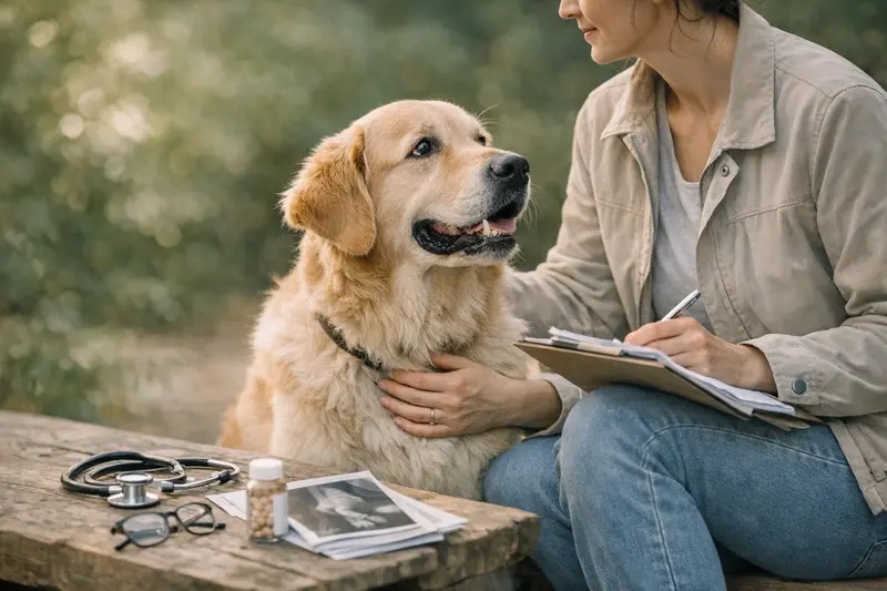 Hundeverversicherung Tarifvergleich Eine verantwortungsbewusste Hundebesitzerin vergleicht Tierversicherungstarife auf ihrem Laptop, während ihr Hund neben ihr sitzt.