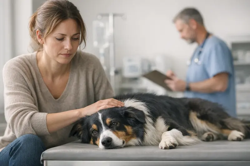 Tierarztuntersuchung bei neurologischen Symptomen des Hundes Hund mit neurologischen Symptomen wird von einem Tierarzt untersucht.