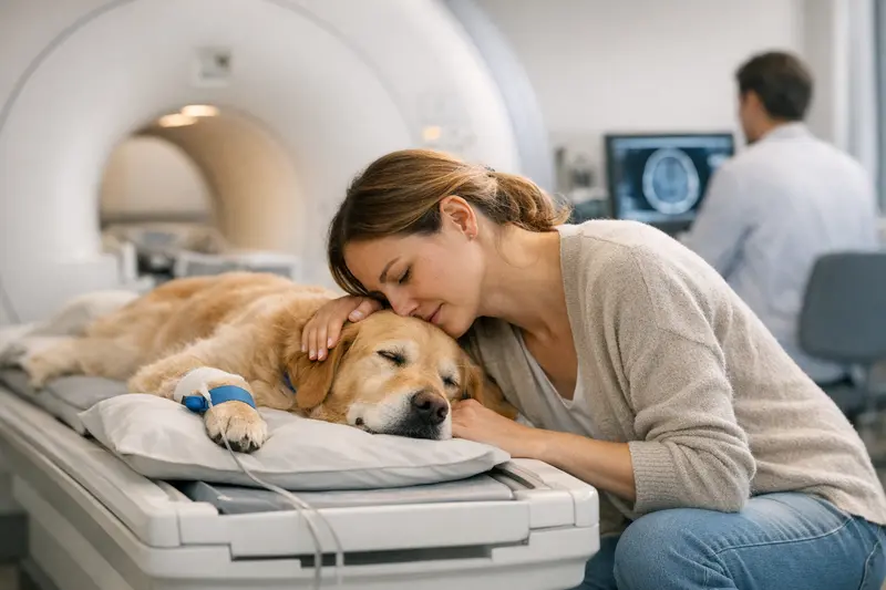 Tierärztin untersucht einen Hund mit neurologischen Symptomen, dabei ist ein MRT-Gerät im Hintergrund sichtbar.