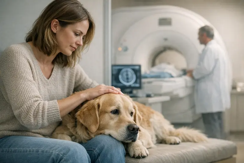 Hund beim Tierarzt zur Untersuchung auf neurologische Symptome.