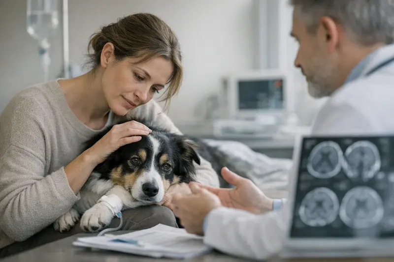 Tierarztuntersuchung bei neurologischen Hundekrankheiten Tierarzt untersucht Hund mit neurologischen Symptomen zur Klärung der anfallenden Tierarztkosten.