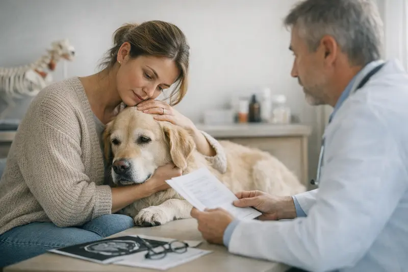Wartezeiten und Vorerkrankungen bei Hundekrankenversicherungen Hundehalter betrachtet Versicherungsunterlagen zur Hundekrankenversicherung und Wartezeiten.