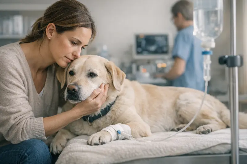 Tierarztberatung über Notfallabsicherung für Hunde Eine Hundebesitzerin spricht mit einem Tierarzt über Notfallbehandlungen und OP-Schutz.