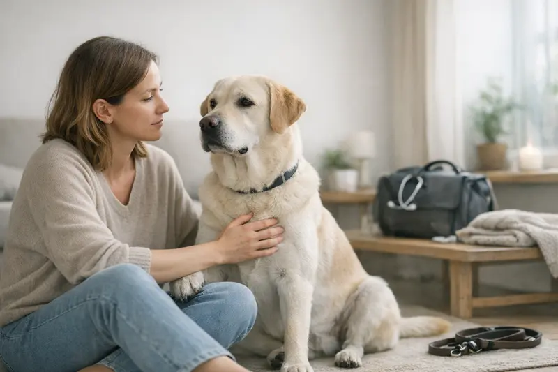 Versicherungsschutz für Hunde prüfen Hundehalter überprüft den Versicherungsschutz für seinen Hund mit einem Tierarzt.