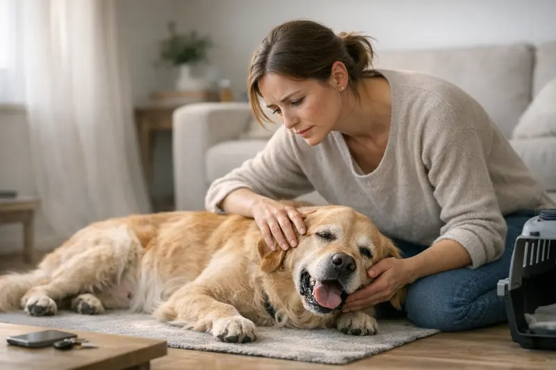 Ein Hund mit Atemnot und besorgtem Besitzer in einer tierärztlichen Praxis.