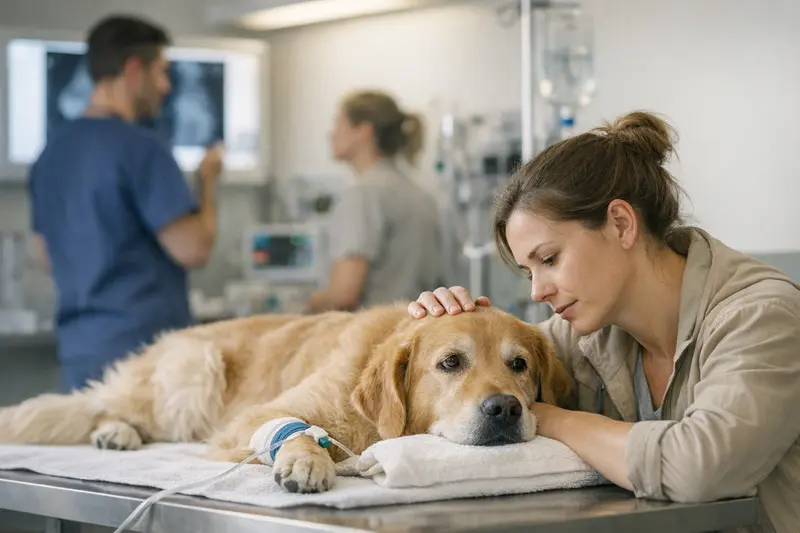 Tierarzt untersucht einen Hund in einer Notaufnahme, um die höheren Kosten im Notdienst zu verdeutlichen.