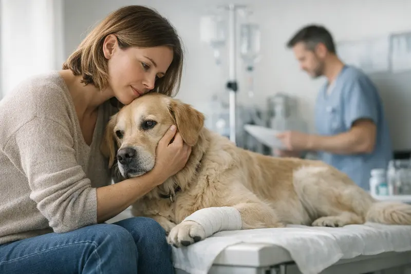 Tierarzt untersucht einen Hund im Notfall, während der Halter besorgt zuschaut.