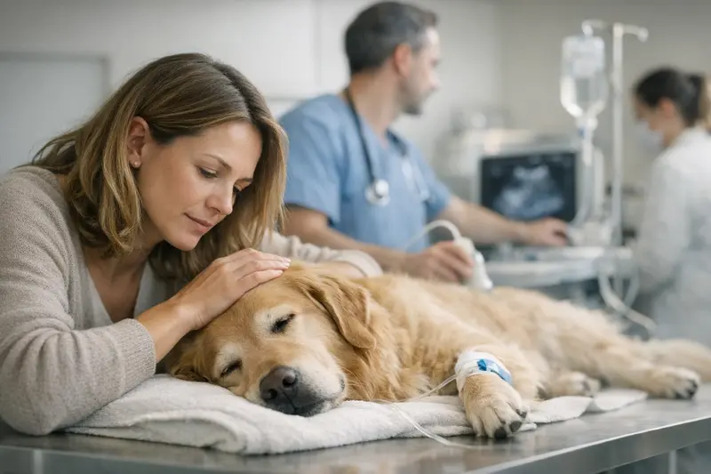 Notfalluntersuchung beim Hund Tierarzt untersucht einen Hund in einer Notfallsituation.