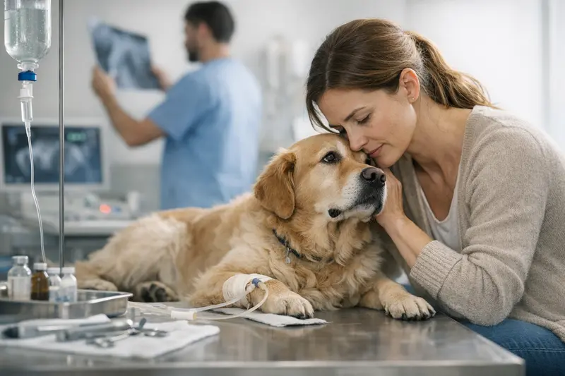 Notfallbehandlung für Hunde beim Tierarzt Ein Hund erhält in einer Tierarztpraxis Notfallbehandlung, während die behandelnde Tierärztin untersucht.