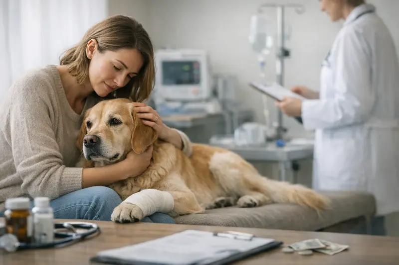 Tierarzt Notfalluntersuchung für Hunde Tierarzt konsultiert Hund bei Notfalluntersuchung zur Versicherungsabsicherung.