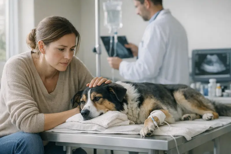 Tierarztuntersuchung Hund Notfall Ein Tierarzt untersucht einen Hund auf mögliche Notfälle und Kosten bei einer OP-Versicherung.