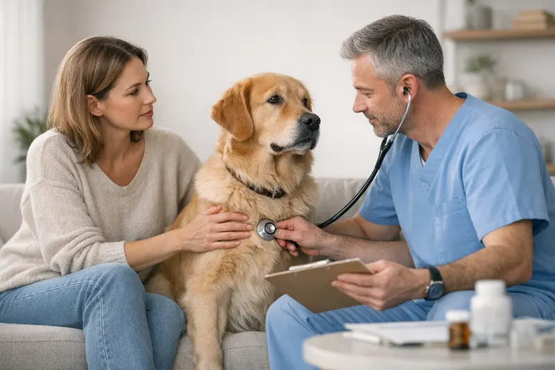 Vorsorgeuntersuchung beim Hund Tierarzt bei der Untersuchung eines Hundes zur frühzeitigen Erkennung von Erkrankungen.
