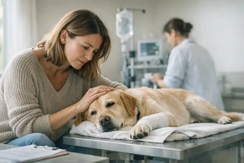 Ein Hundebesitzer mit seinem Hund in einer Tierarztpraxis, der über die Wartezeiten der Hundeversicherung informiert wird.