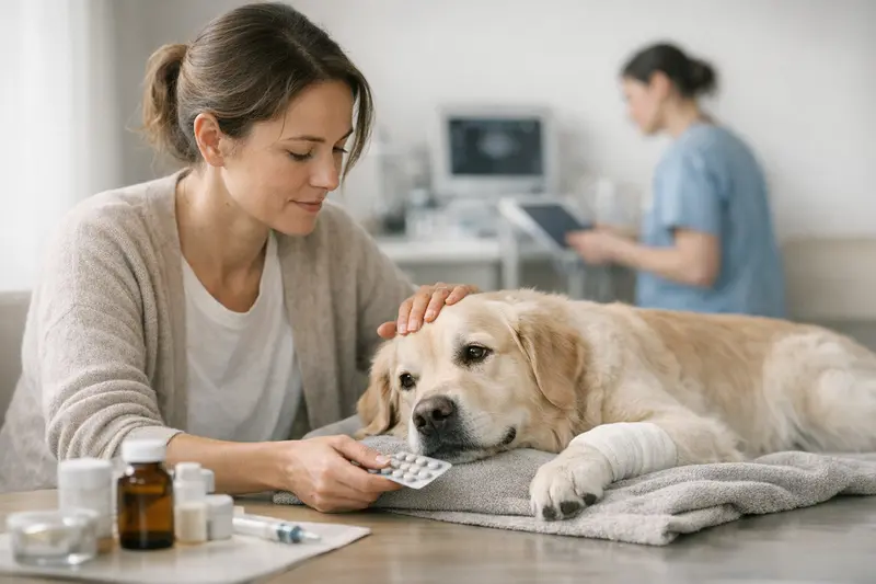 Nachsorge für Hunde nach Notfällen Ein Hund erhält nach einem Notfall tierärztliche Nachsorge, um seine Gesundheit sicherzustellen.