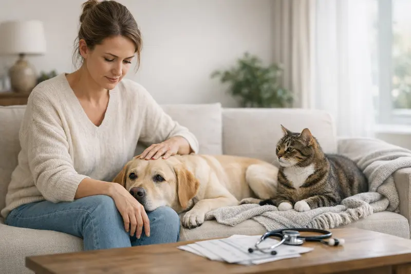 Glückliche Hunde- und Katzenhalterin plant die Absicherung mit einer Tierkrankenversicherung.