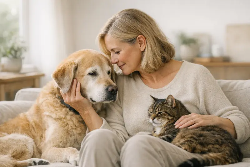 Ein älterer Hund und eine Katze, die zusammen auf einer Couch liegen, symbolisieren die Überlegungen zur Tierversicherung im Alter.