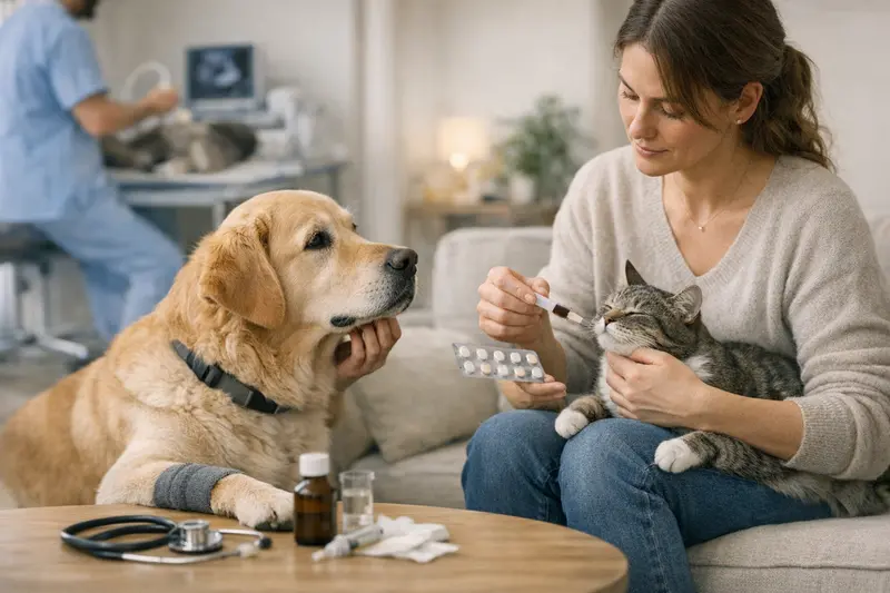 Unterschied zwischen OP-Schutz und Krankenversicherung für Haustiere Eine Hundebesitzerin bespricht mit einem Tierarzt die Unterschiede zwischen OP-Schutz und Krankenversicherung.