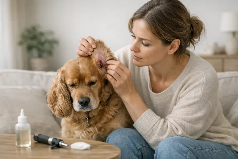Ein Hund mit gereizten Ohren, der Anzeichen einer Ohrenentzündung zeigt.